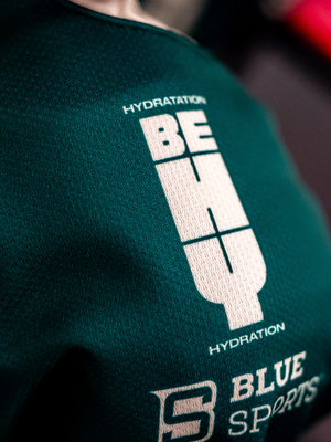 BEHY Hydration and BlueSports marks on the green jersey shoulder